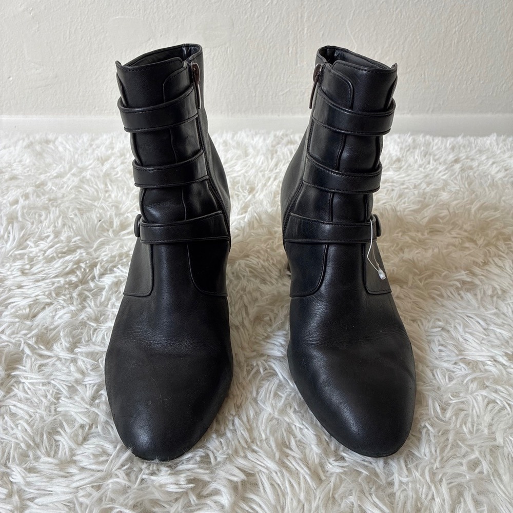 Clarks Black Leather Triple Strap Button Ankle Boots Block Heel Size 7.5